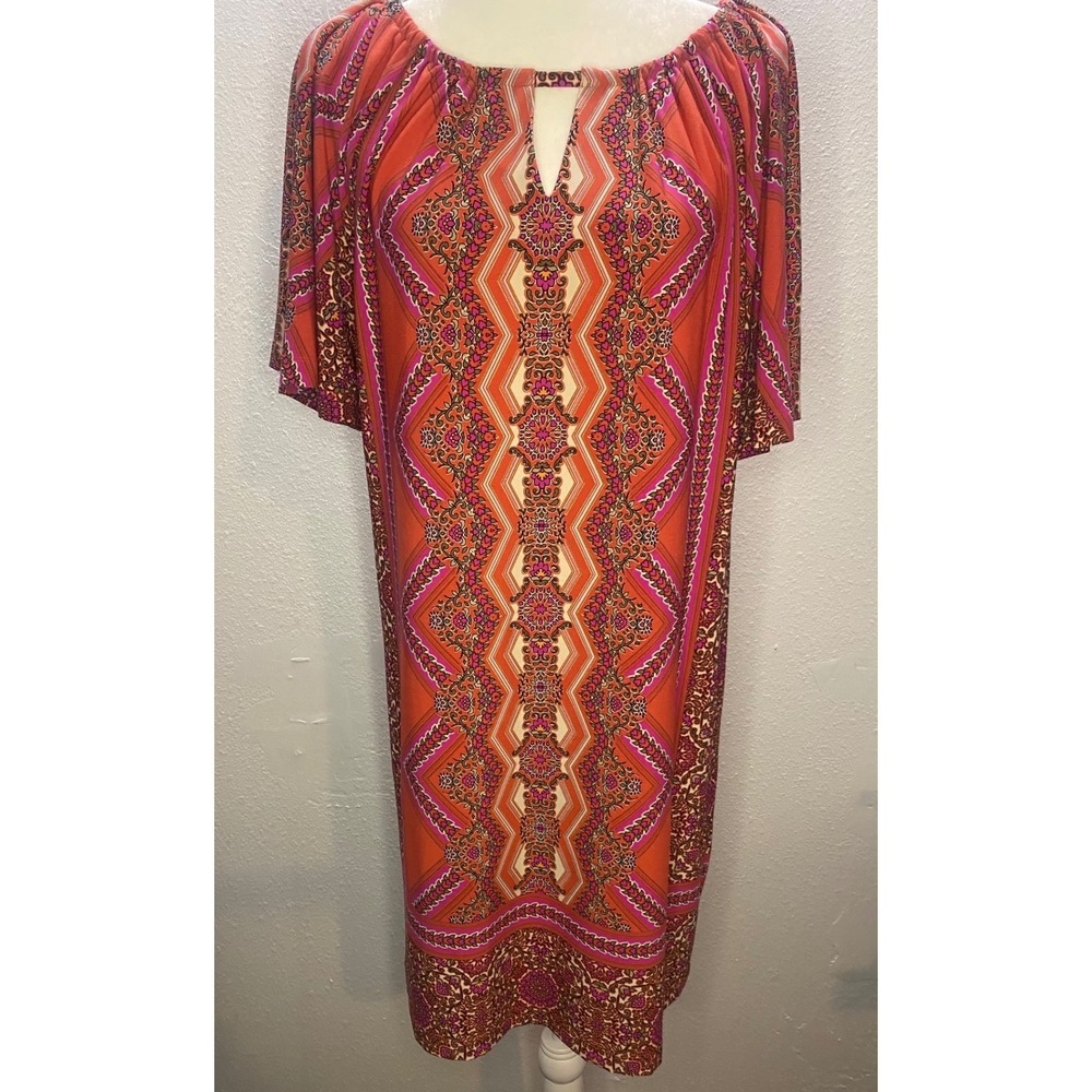 Chico's Shift Dress Women's 1/Medium Orange Pink Geometric Excellent‎ Boho Short